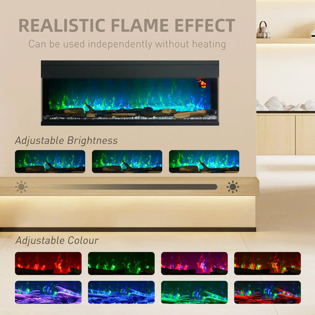 Black glass-paneled flame-effect electric convector heater with adjustable color glow