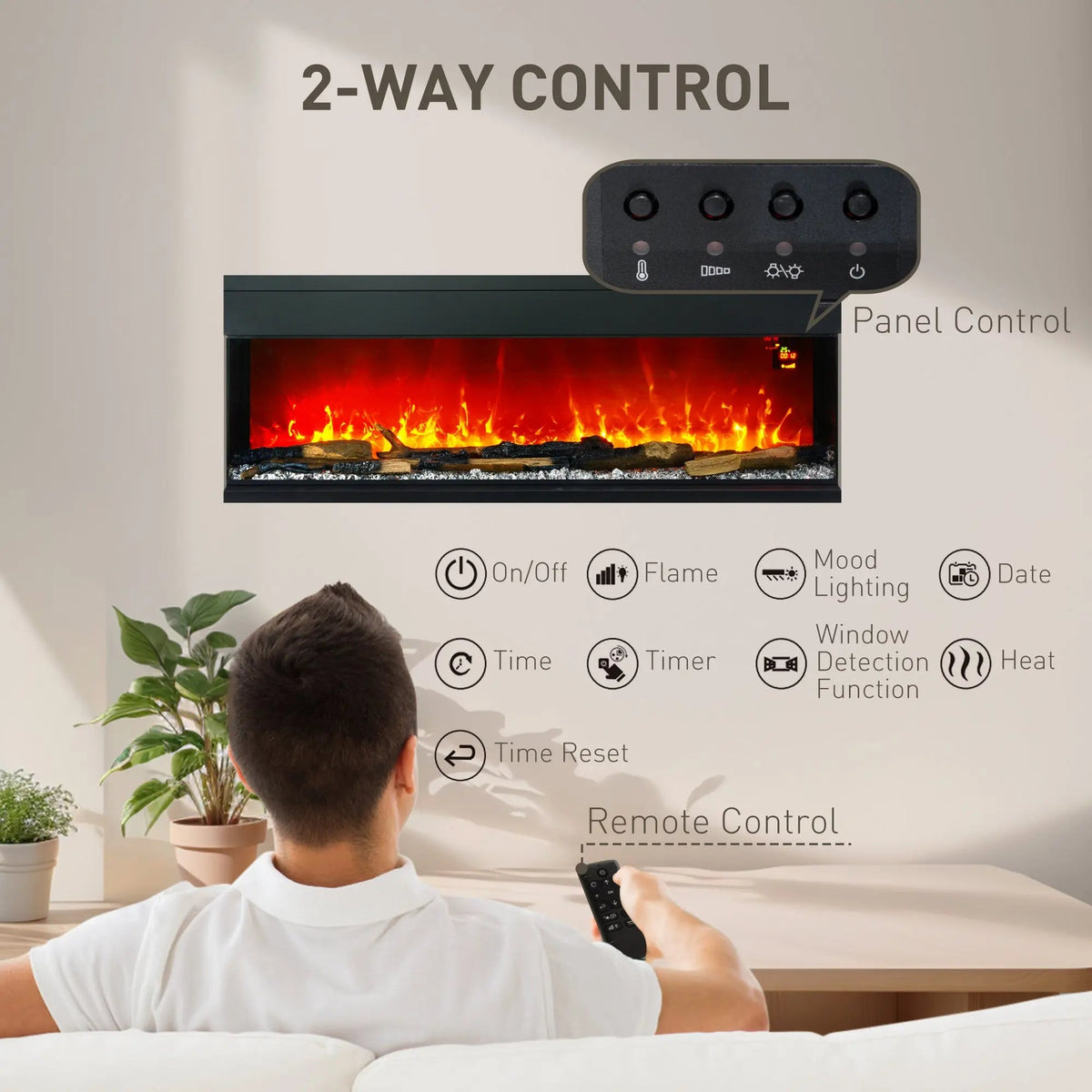 Black glass-paneled flame-effect electric convector heater with panel and remote