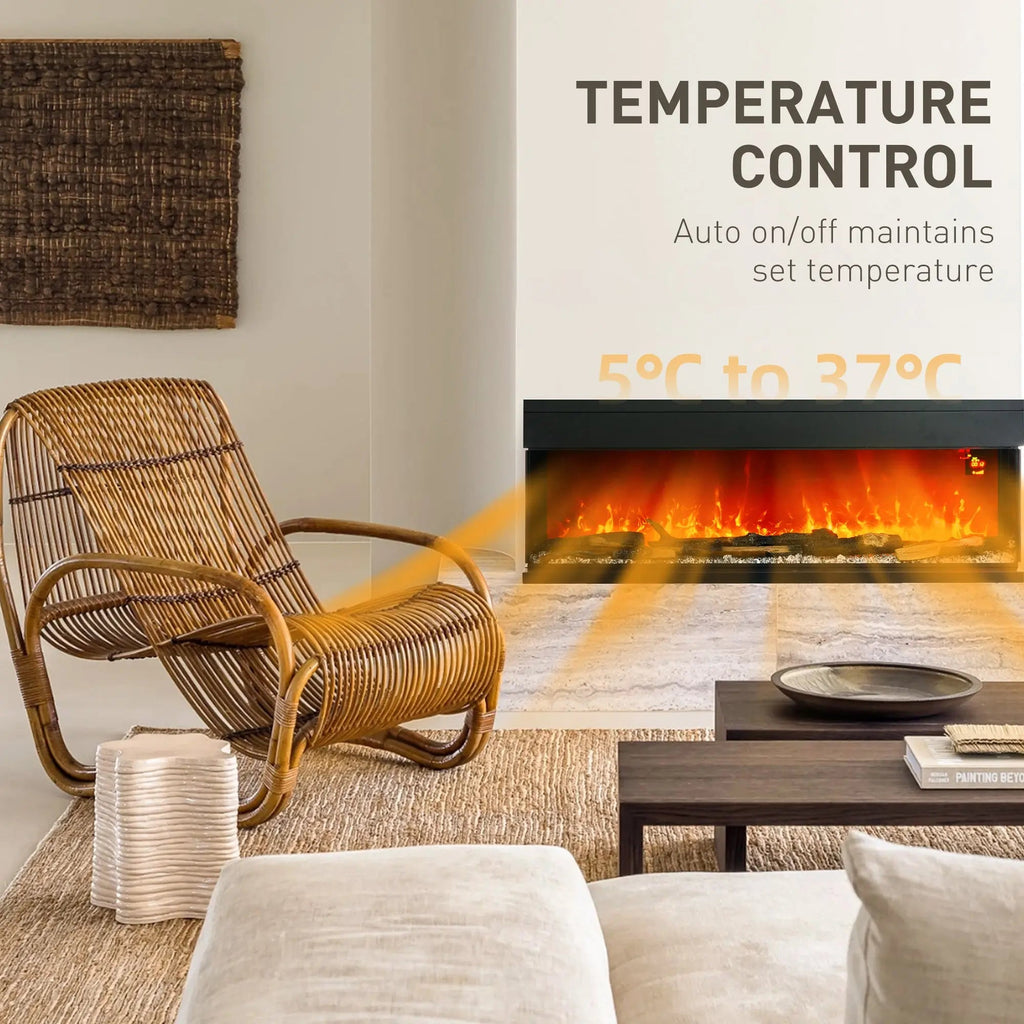 Black glass-paneled flame-effect electric convector heater with warm flame glow