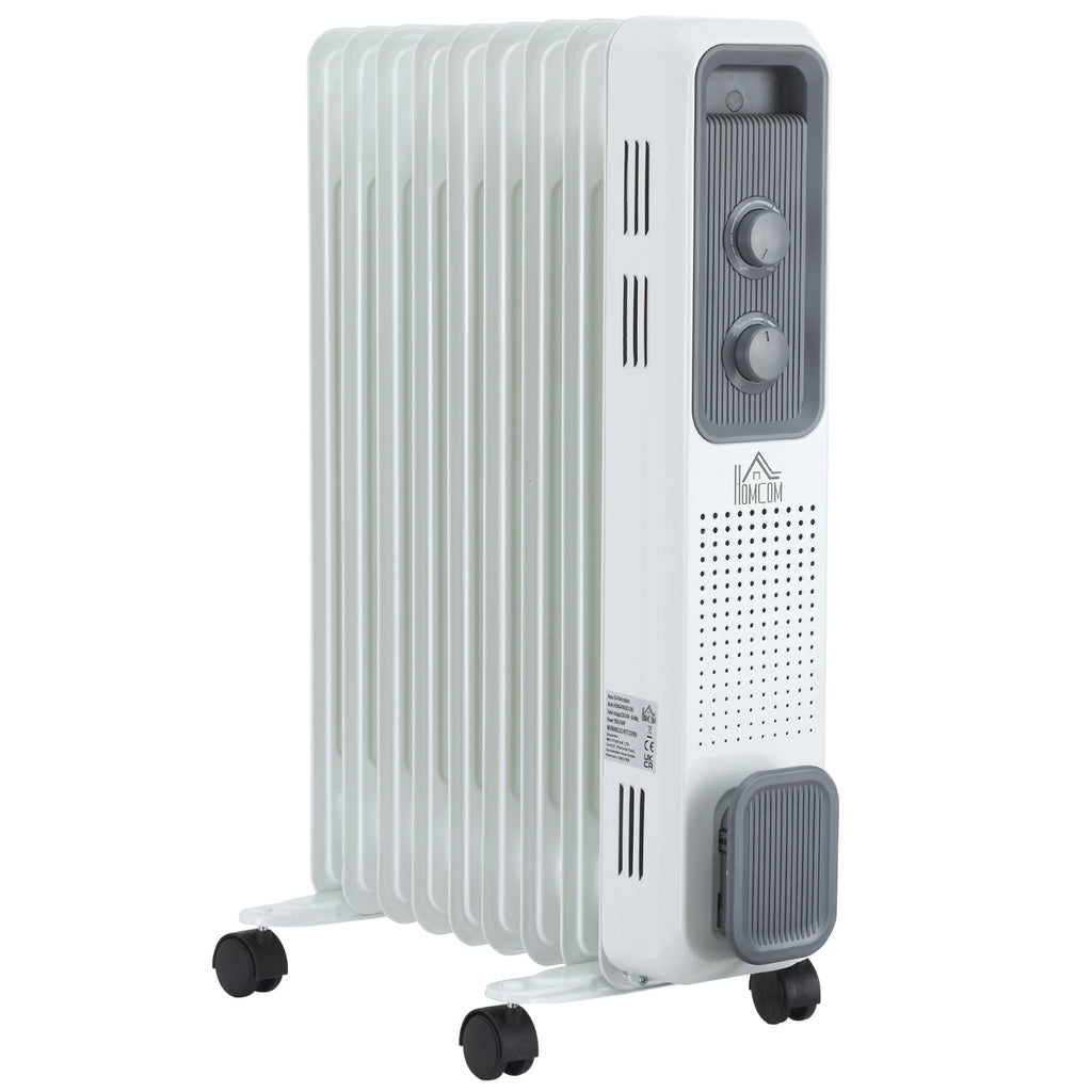White oil-filled radiator heater with 9 fins, control knobs and caster wheels