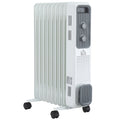White oil-filled radiator heater with 9 fins, control knobs and caster wheels