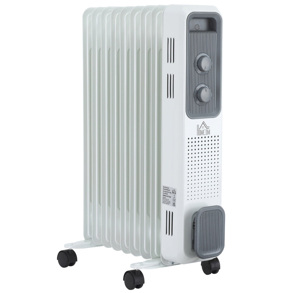 White oil-filled radiator heater with 9 fins, control knobs and caster wheels
