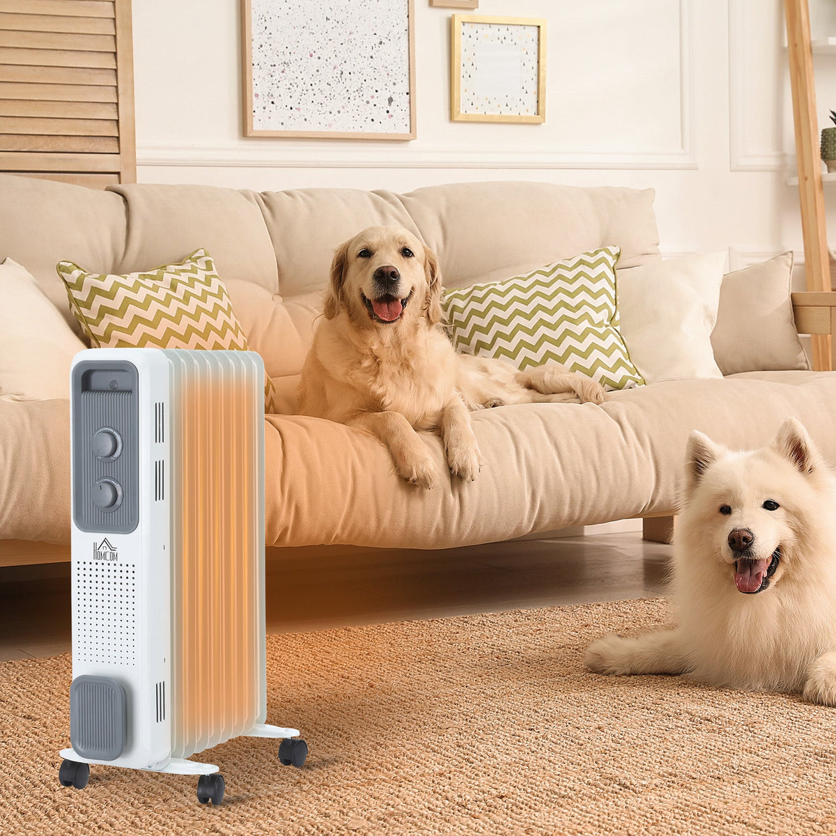 White oil-filled radiator heater with 9 fins and wheels, placed beside a couch