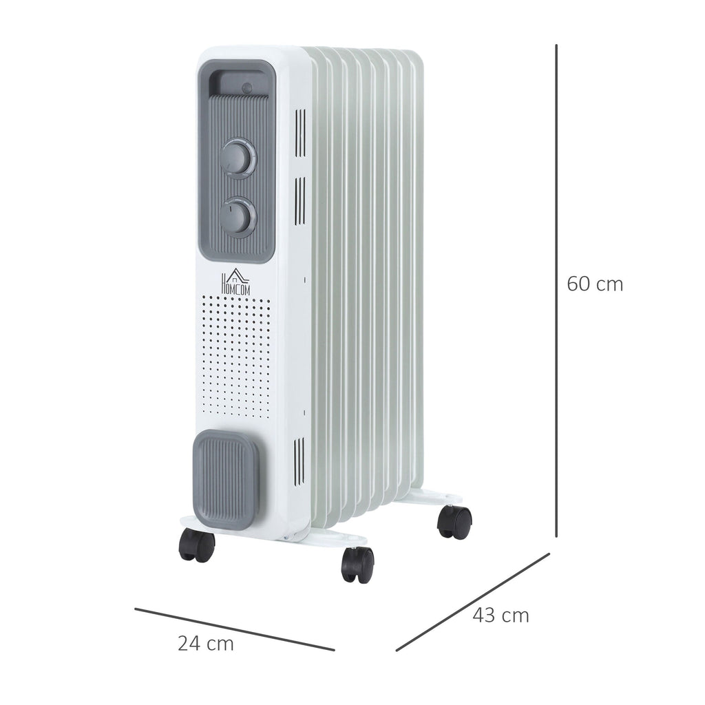 White oil-filled radiator heater front view with control panel and caster wheels