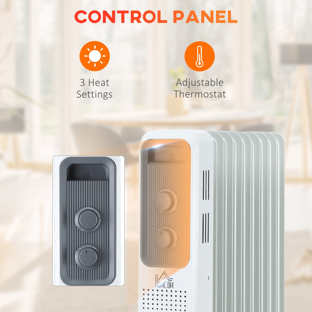 White oil-filled radiator heater control panel with three heat settings and thermostat