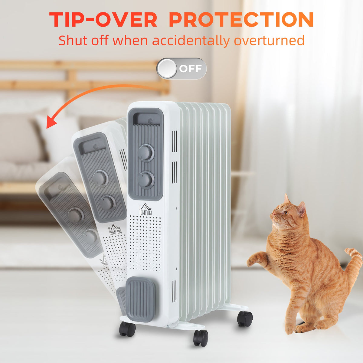White oil-filled radiator heater with tip-over protection, showing safe off position