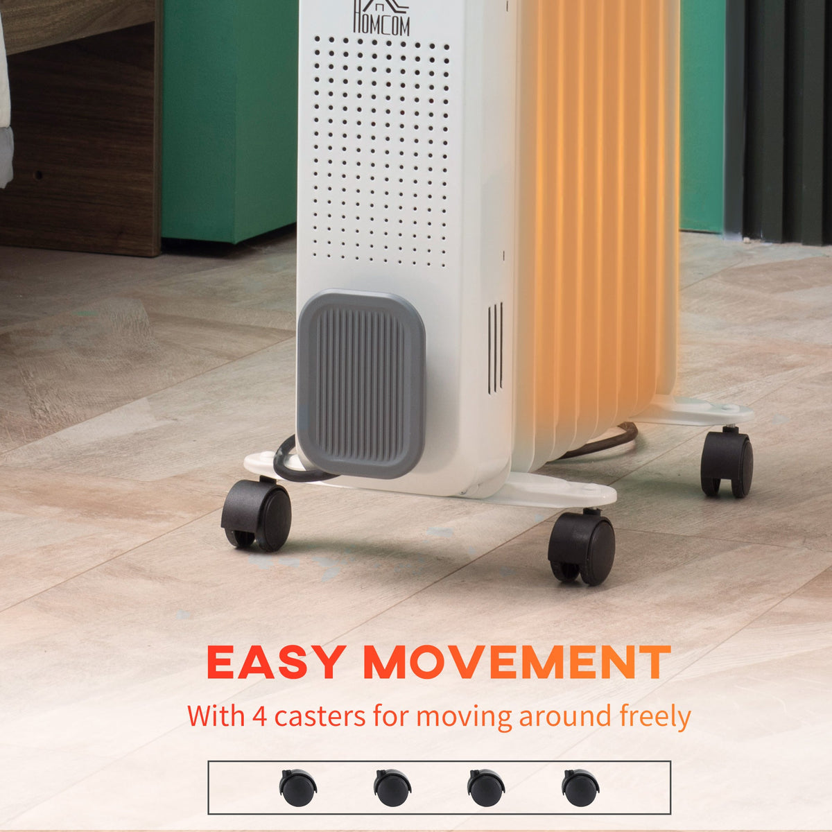 White oil-filled radiator heater with 4 caster wheels for easy movement