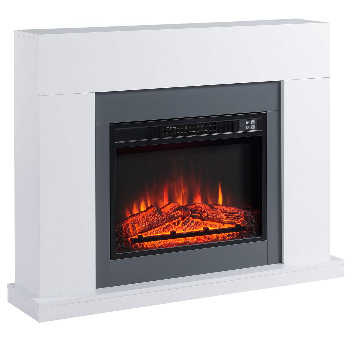 White electric fireplace suite with LED flame effect in a built-in style surround