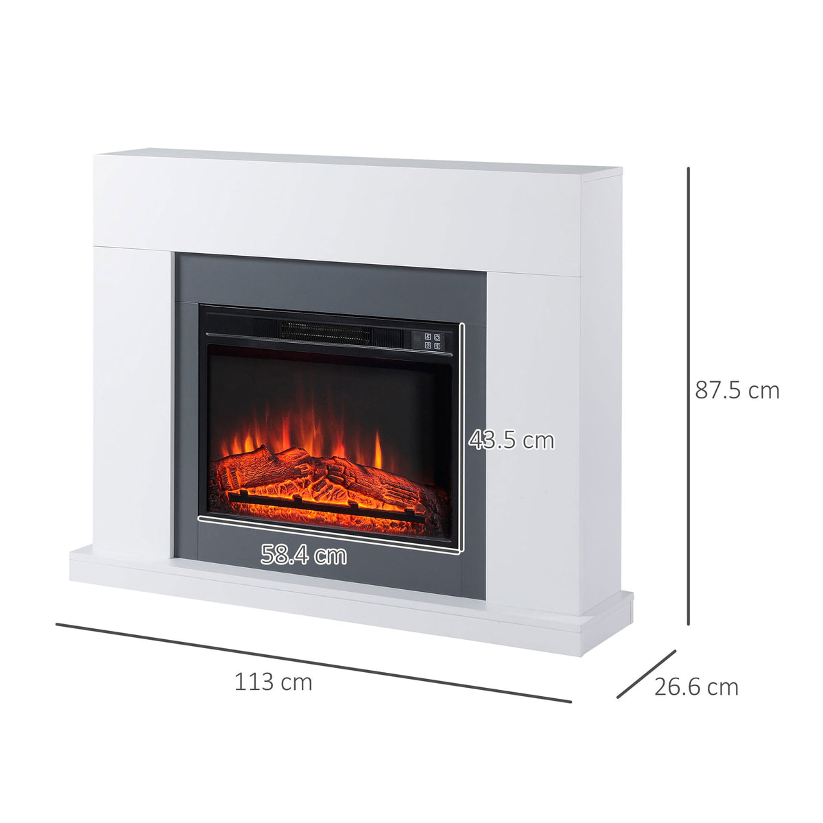 White electric fireplace suite with LED flame effect, shown with size dimensions