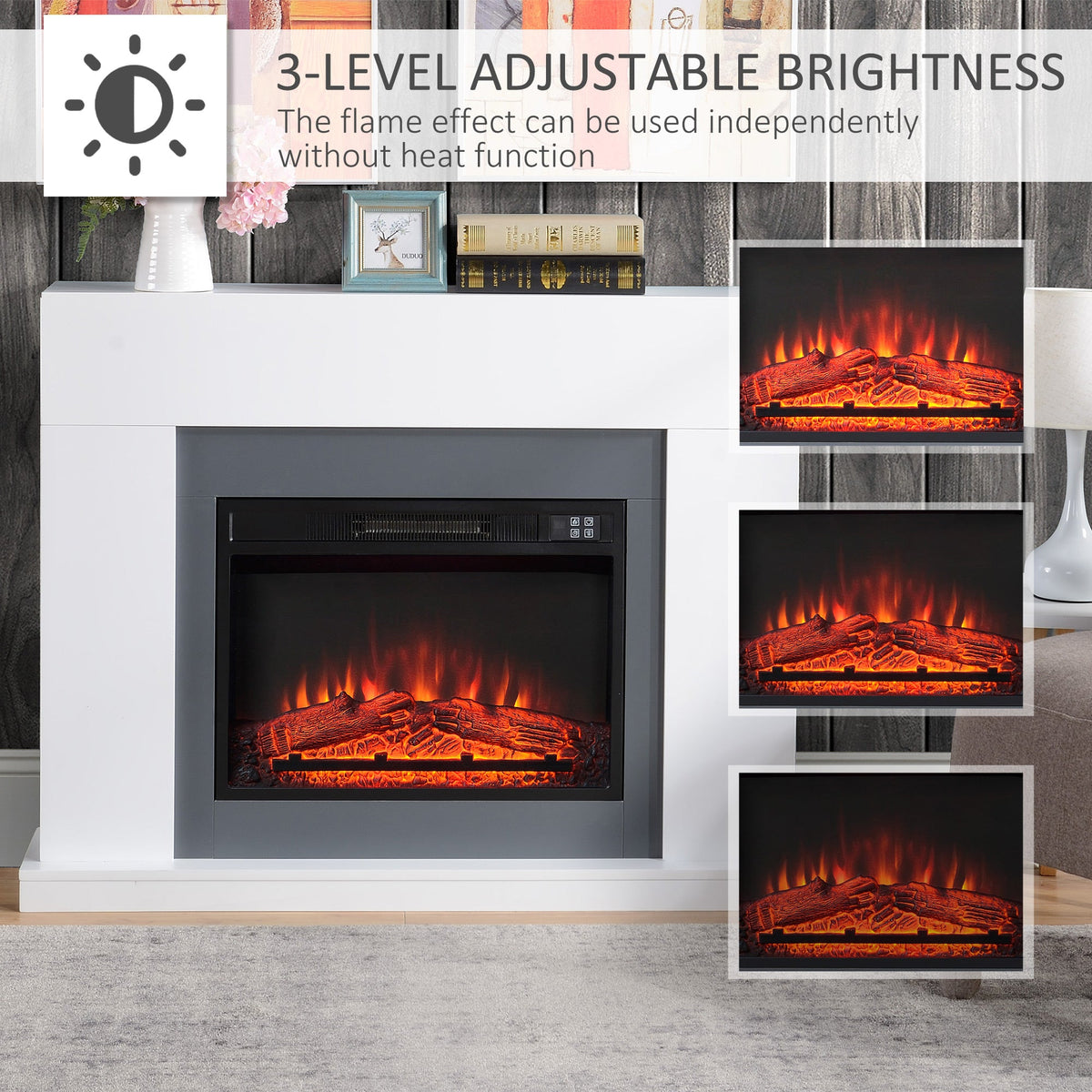 White electric fireplace suite with LED flame effect and adjustable brightness function