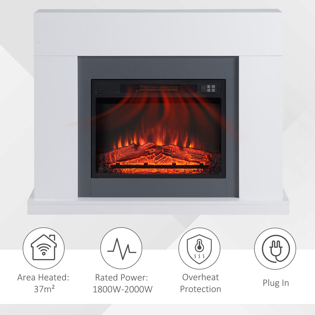 White electric fireplace suite front view with LED flame and heat protection indicators