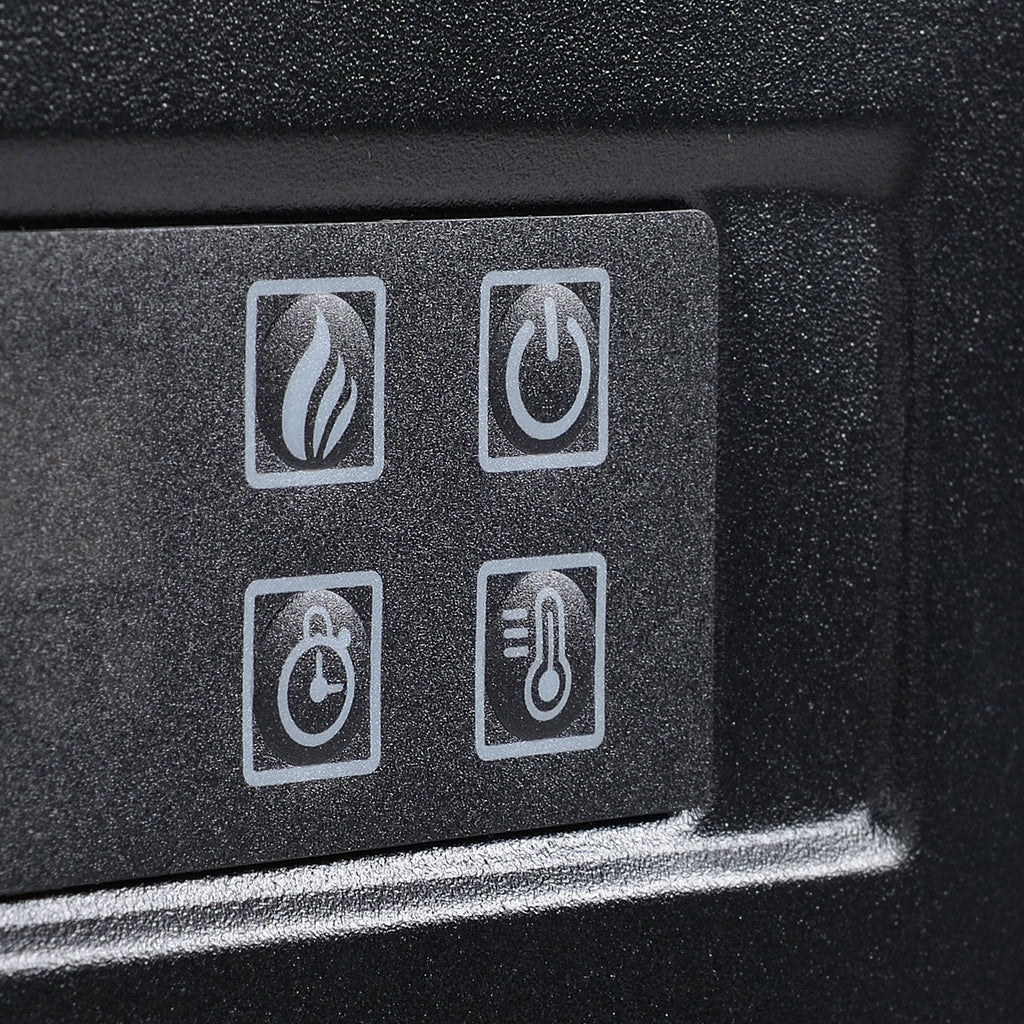 Close-up of electric fireplace control buttons with icons for flame and temperature