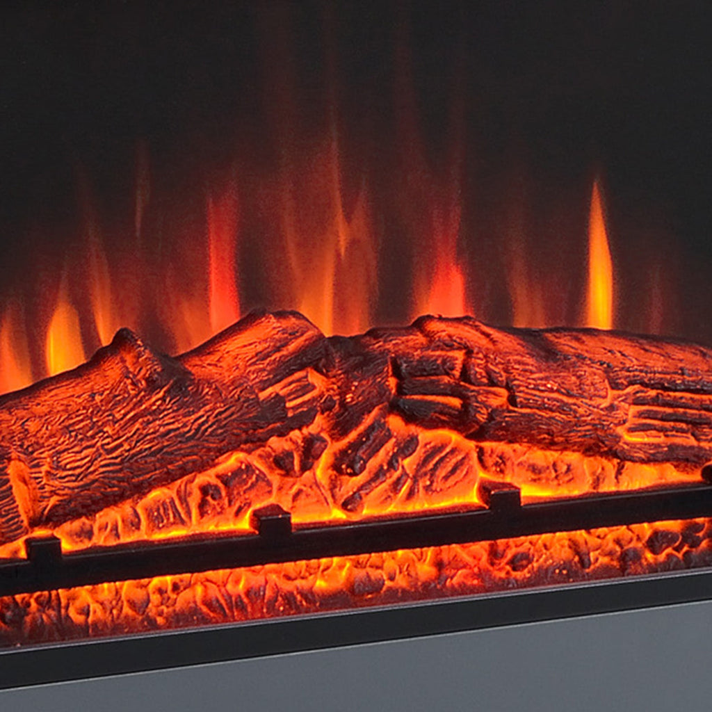 Close-up of LED flame and log effect inside the electric fireplace
