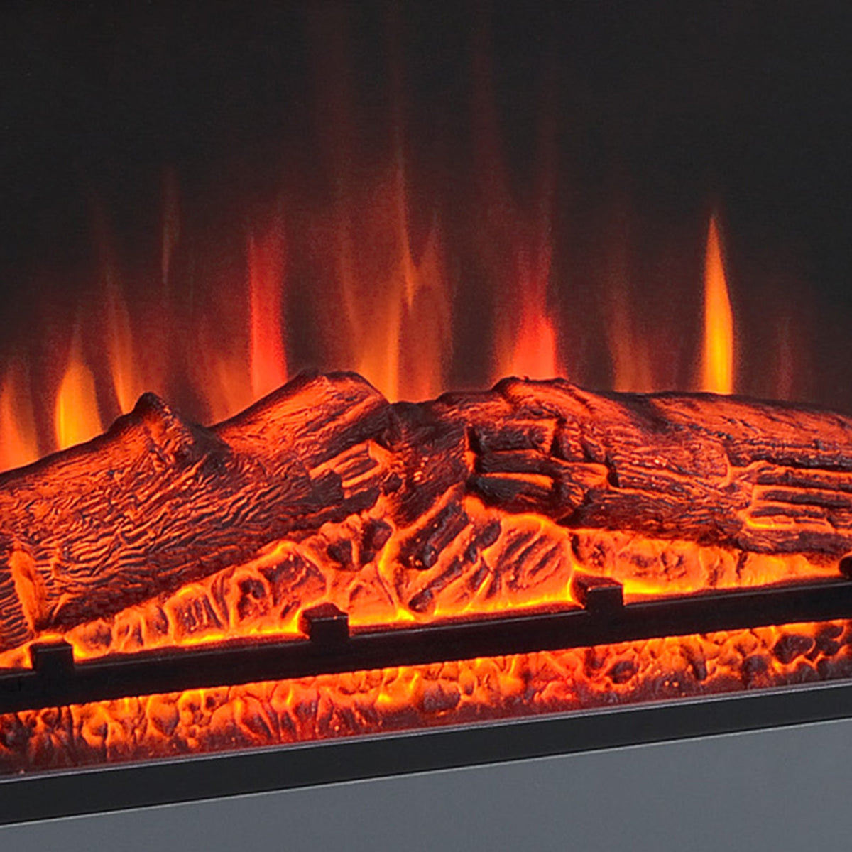 Close-up of LED flame and log effect inside the electric fireplace
