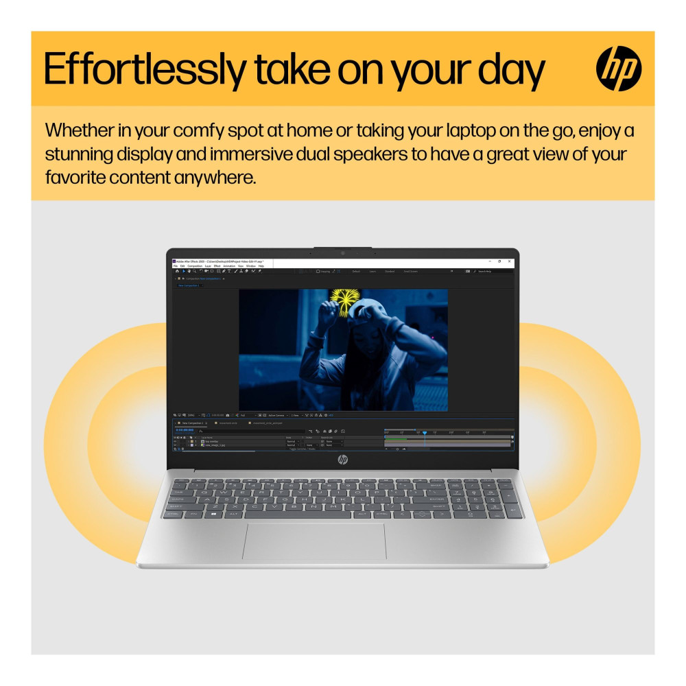 HP laptop PC front view showing media playback on screen and gray chassis.