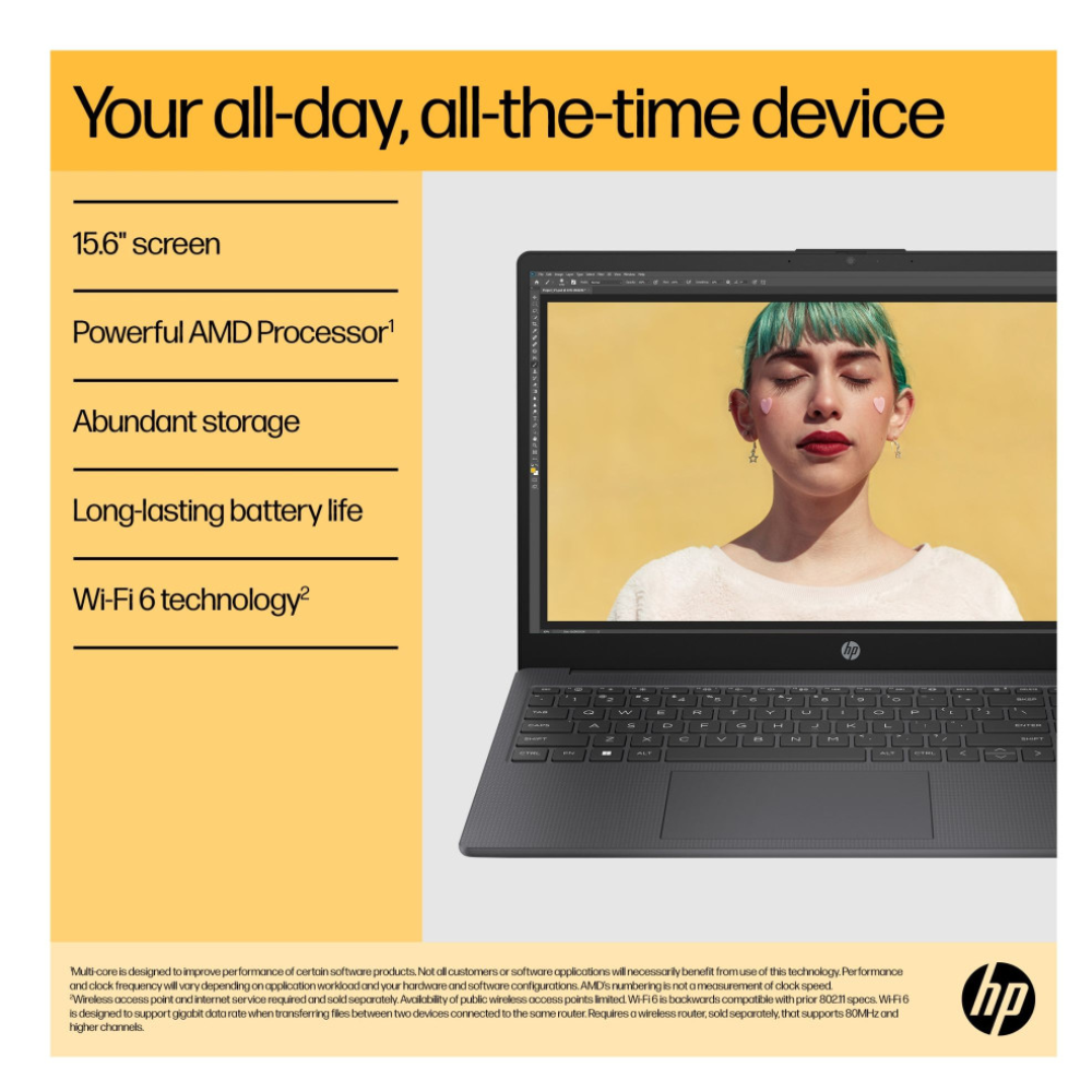 HP laptop PC close-up of 15.6-inch screen and dark keyboard deck.