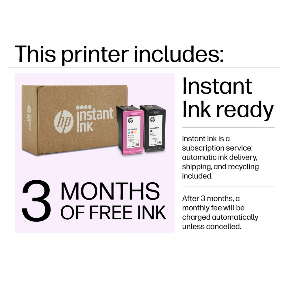 Instant ink offer card showing 3 months free ink and two ink cartridge boxes