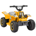 Yellow electric kids quad bike with gray seat, black handlebars, and LED headlights.