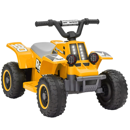 Yellow electric kids quad bike with gray seat, black handlebars, and LED headlights.