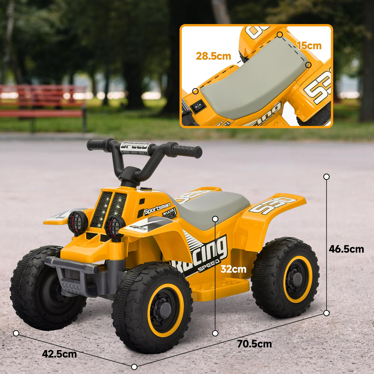 Yellow kids electric quad bike side view with gray seat and black wheels.