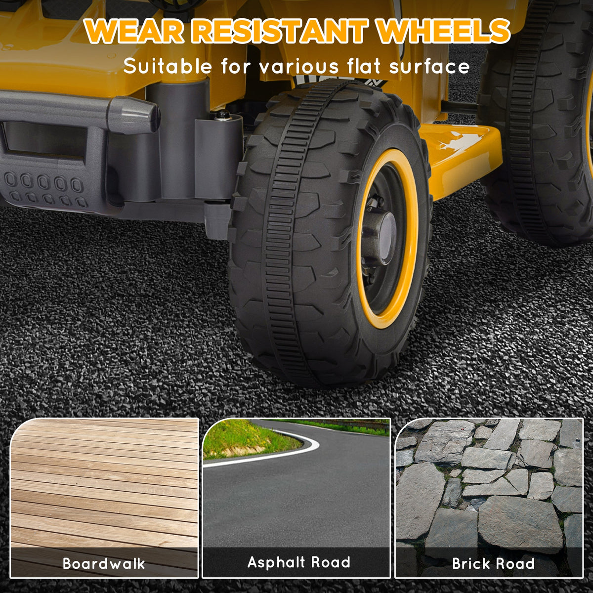 Close-up of yellow kids quad bike wheel and gray chassis with treaded black tires.