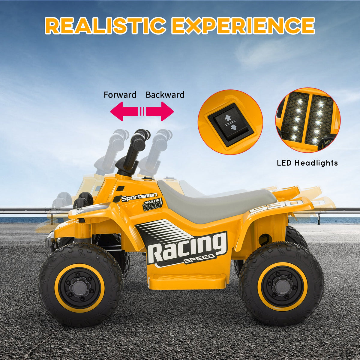 Yellow electric kids quad bike with LED headlight grille and front control panel.