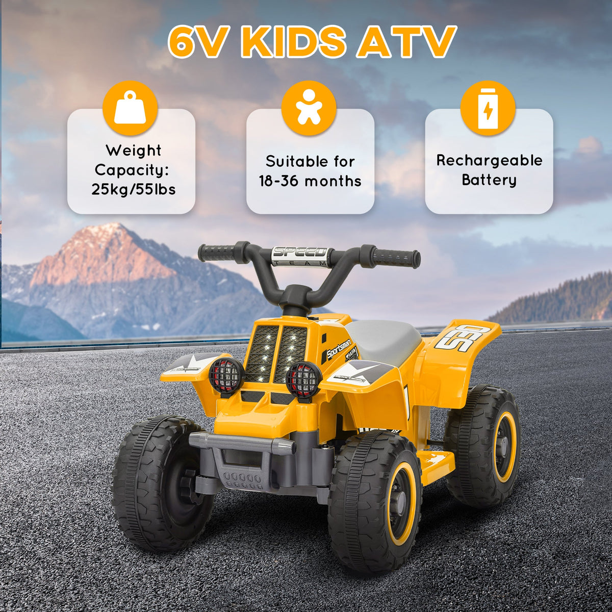 Front view of yellow 6V kids ATV with dual LED lights, gray seat, and black wheels.