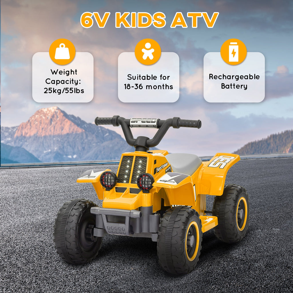 Yellow 6V kids ATV with black handlebars, dual LED headlight panels, and rugged wheels.