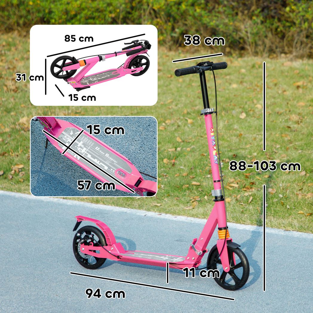 Pink kids foldable kick scooter with deck and rear wheel, size diagram