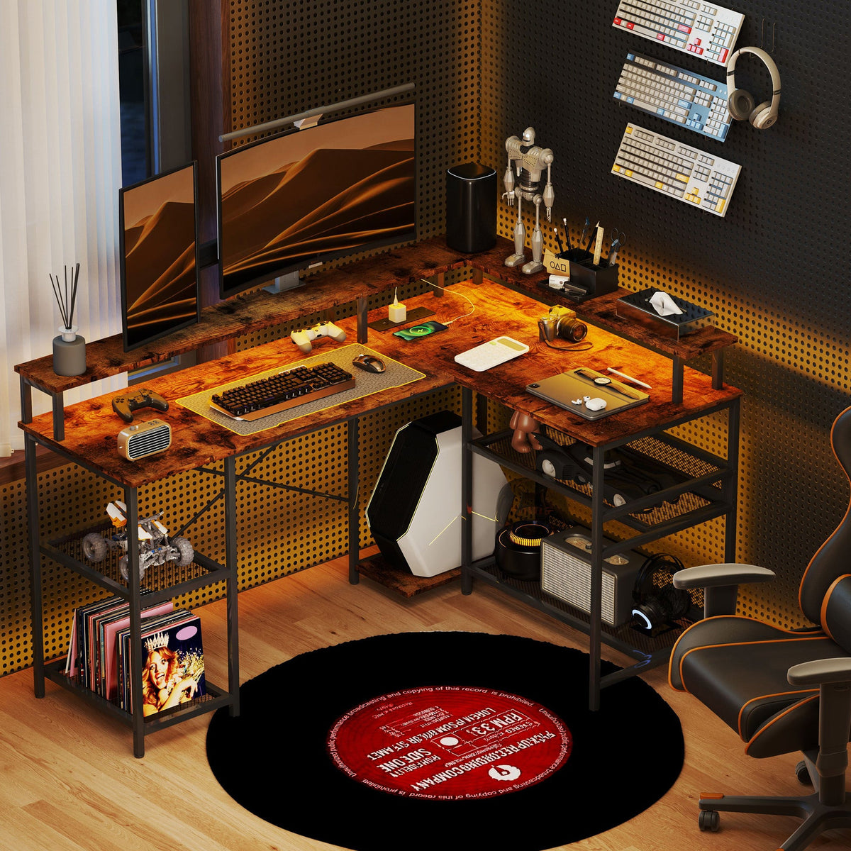 Corner gaming desk with rustic brown tabletop, dual monitor stands, and storage shelves
