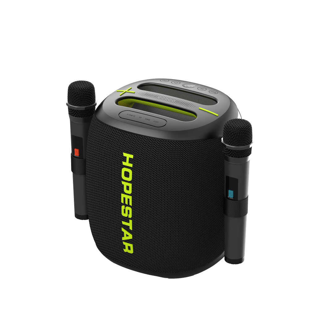 Hopestar wireless party speaker with stand, black grille and twin mic-like tops