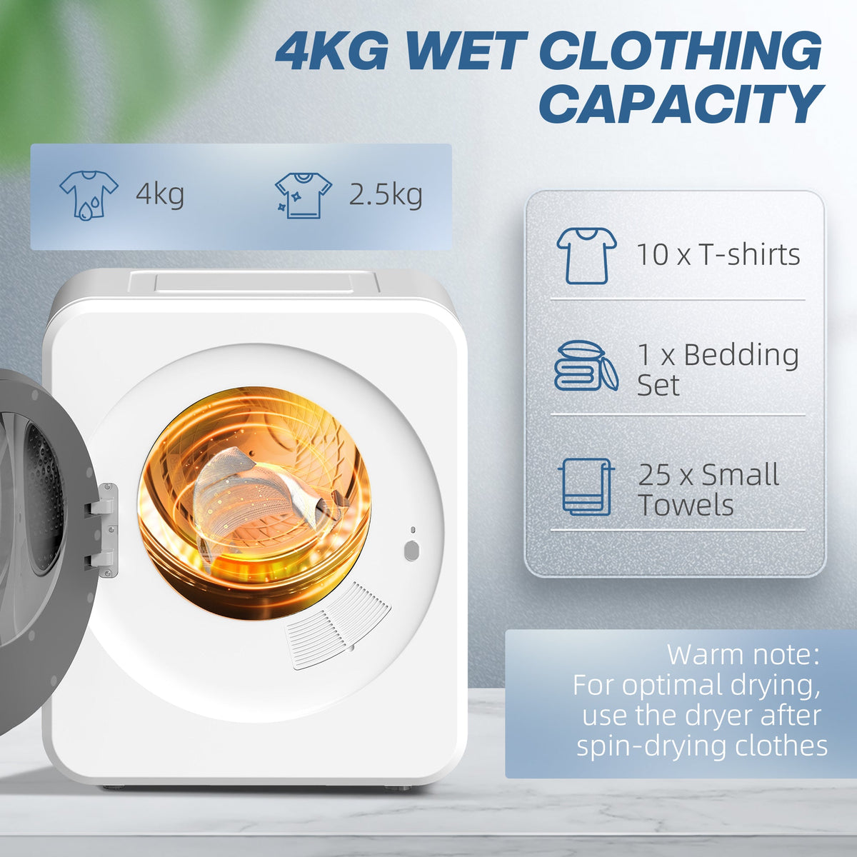 White tumble dryer drum with visible heating glow and 4 kg wet clothing capacity graphic