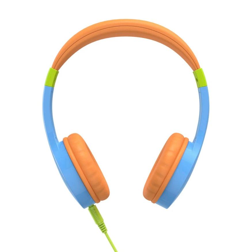 Kids on-ear wired headphones, blue and orange with green plug
