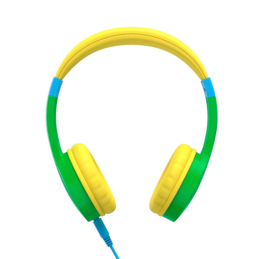 Green and yellow kids on-ear wired headphones with flexible headband and padded ear cups