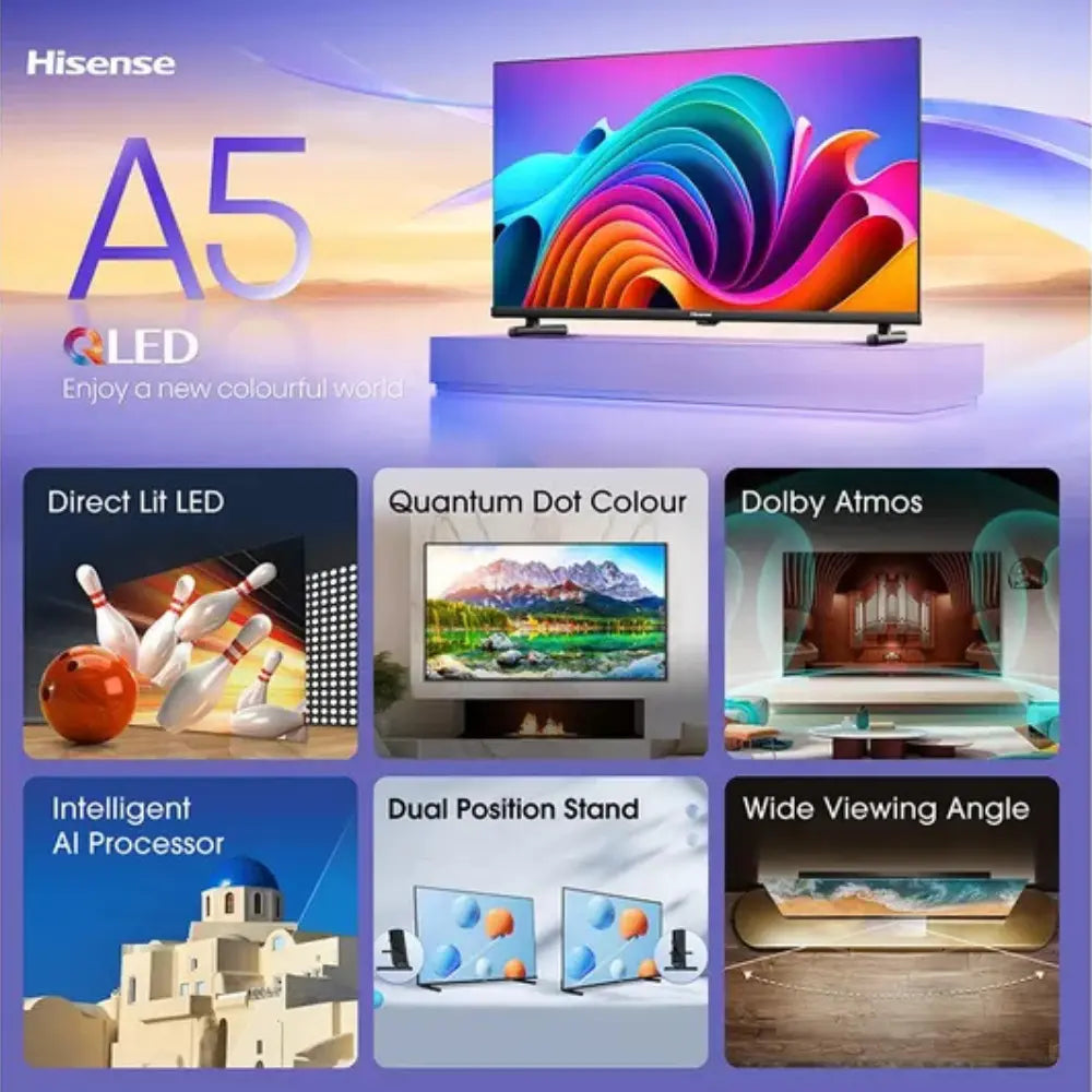 Hisense 40-inch QLED smart TV with colorful screen and feature tiles