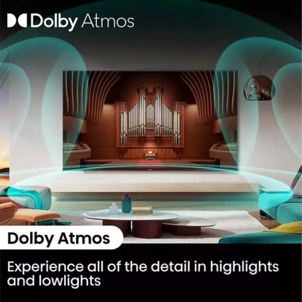 Hisense QLED smart TV with Dolby Atmos highlight and bright scene on display