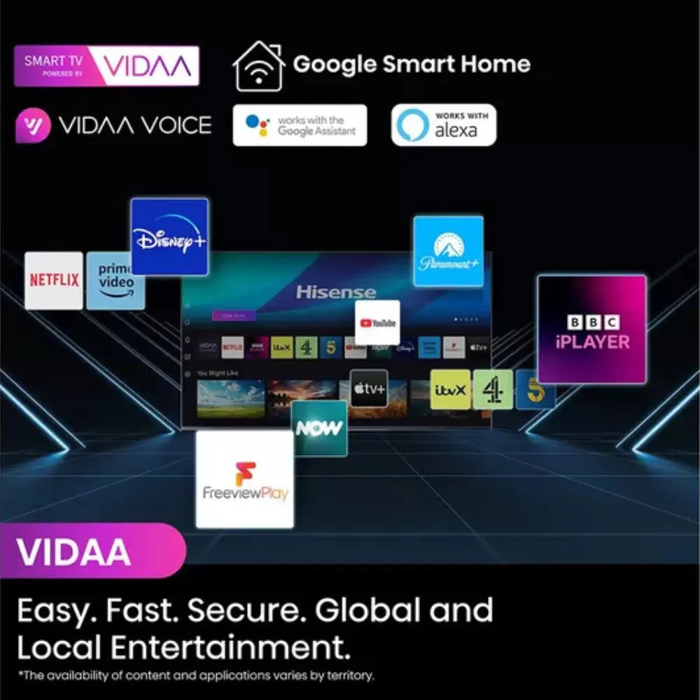 Hisense QLED smart TV with VIDAA and Google Smart Home app icons