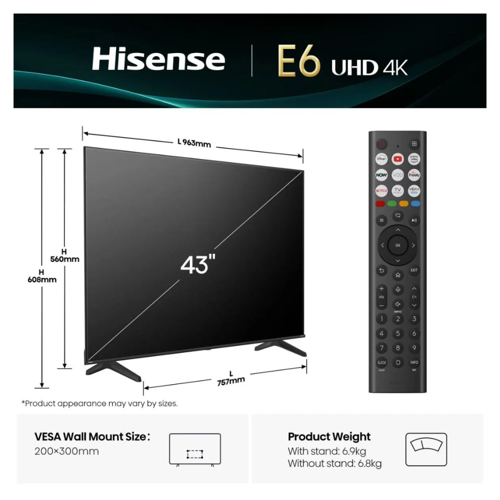 Hisense 43-inch UHD 4K TV with remote control, front corner view