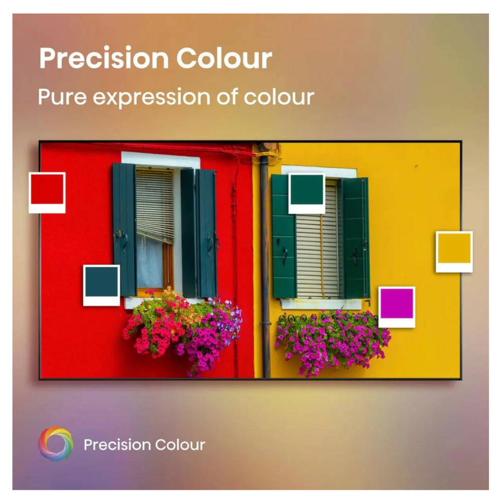 Hisense 43-inch TV displaying colorful doors, Precision Colour
