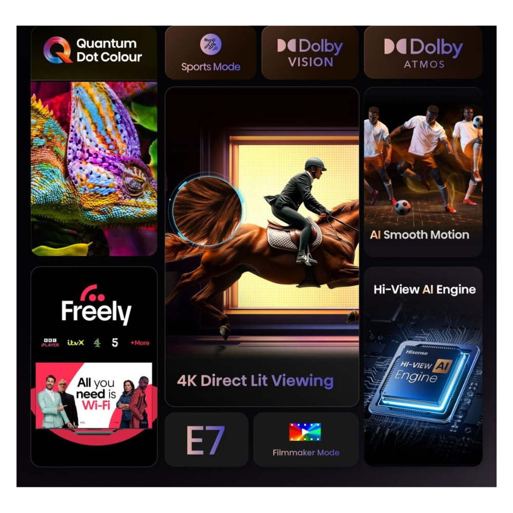 Hisense 50-inch QLED 4K Smart TV screen with Freely and AI features icons
