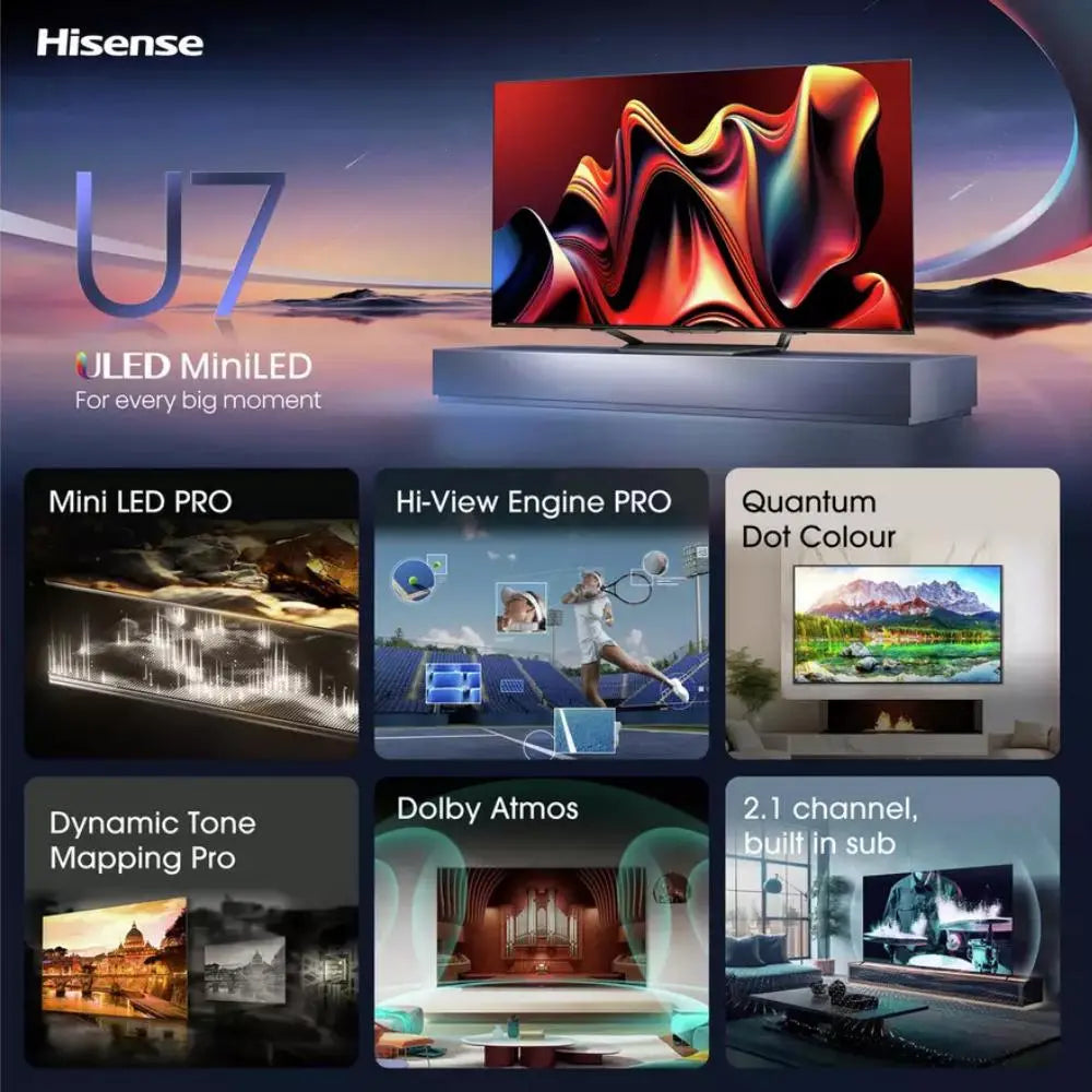 Hisense U7 Mini LED TV promo with Quantum Dot Colour and Dolby Atmos icons