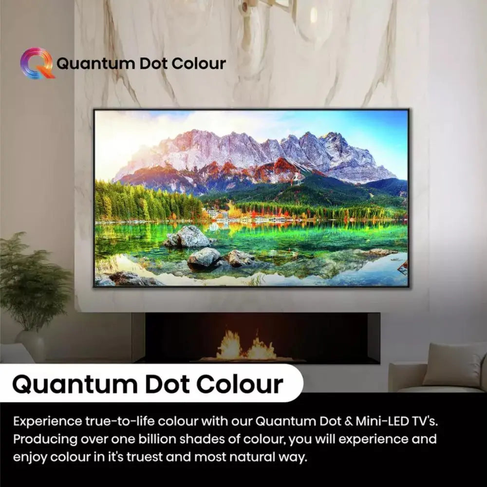 Quantum Dot Colour Mini LED TV displaying a bright mountain landscape scene