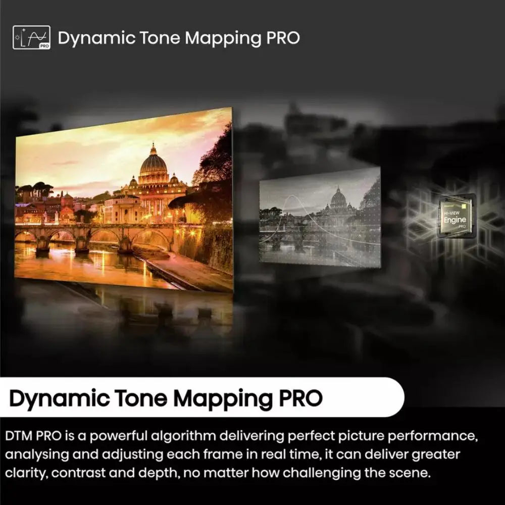 Dynamic Tone Mapping PRO Mini LED TV with city and landmark scene thumbnails