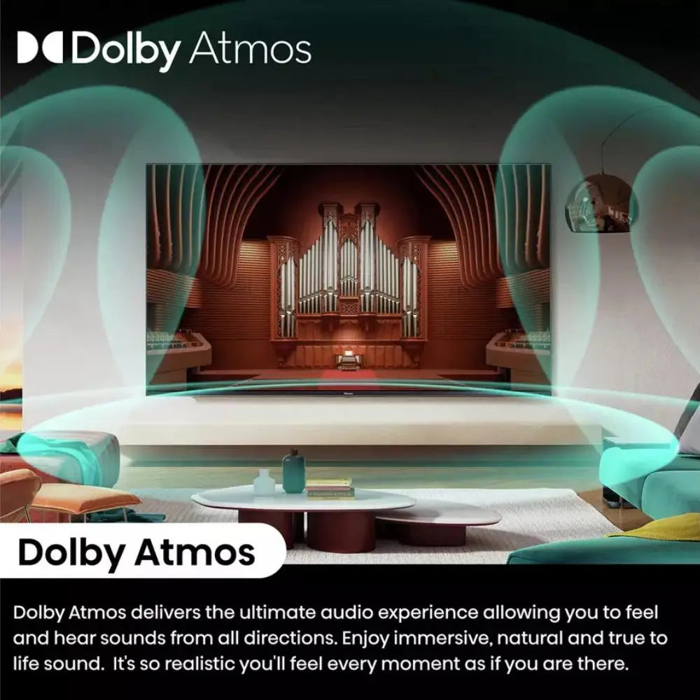 Dolby Atmos Mini LED TV with home theater sound stage visual and icon