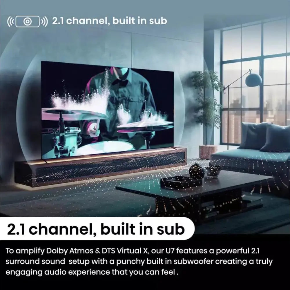 Mini LED TV showing 2.1 channel built-in sub feature with audio effect graphic