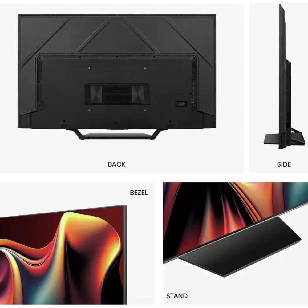 Mini LED TV views: back, side, bezel, and stand shown