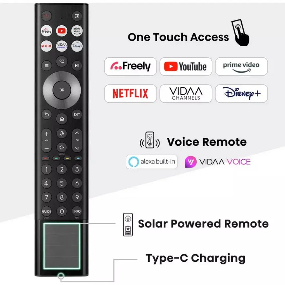 Smart TV voice remote with Freely buttons, backlit dial, solar powered and Type-C charging labels