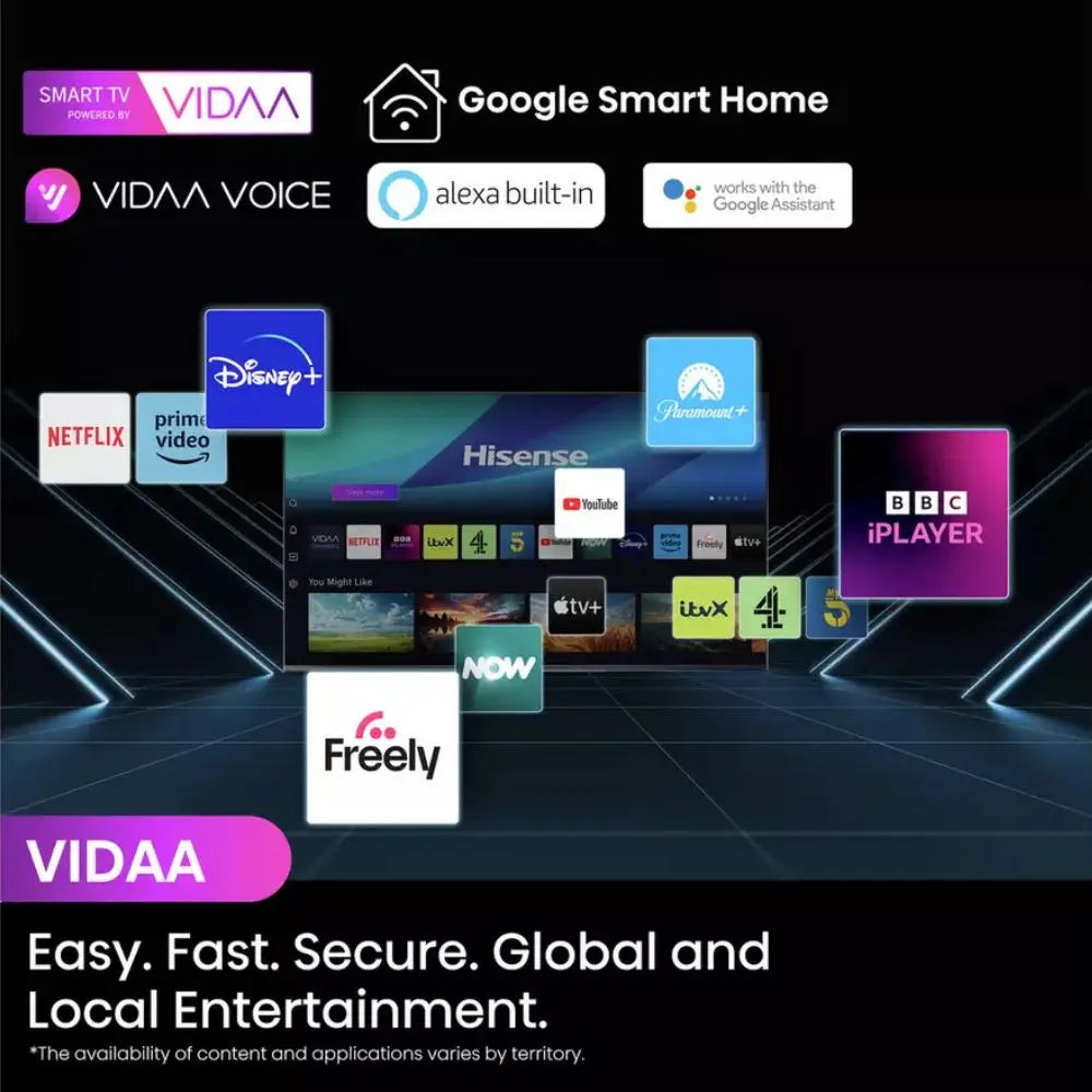 Smart TV screen displaying Freely, VIDAA, Google Smart Home, Netflix, and app icons