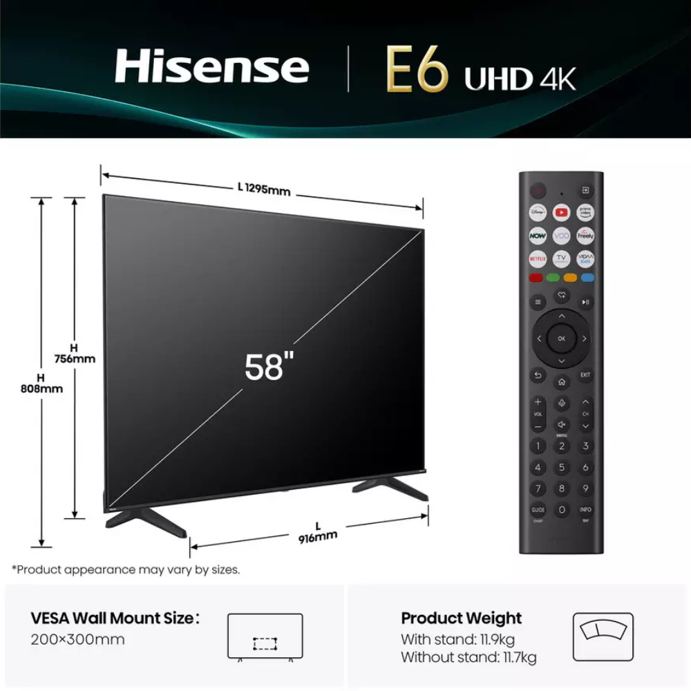 Hisense E6 58-inch UHD 4K TV with dimensions diagram and remote control