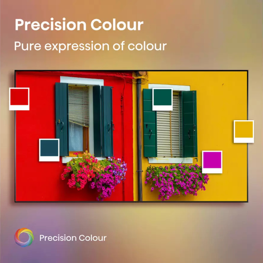 Hisense Precision Colour TV showing bright indoor wall scene on screen